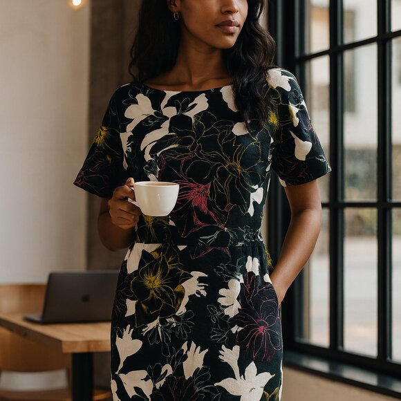 French Connection Floral Neon Midi Dress SZ6 Bodycon Short Sleeve Zip Back Chic - Picture 1 of 9